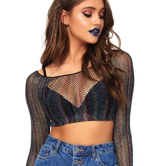 RAINBOW LUREX GLITTER LONG SLEEVE RAVE CROP TOP - Picture 1 of 1